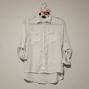 H&M White Polka Dot Collared Button-up Long Sleeve Shirt Blouse